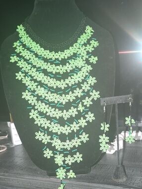 Handcrafted Green Floral Beaded Statement Necklace and Earring Set